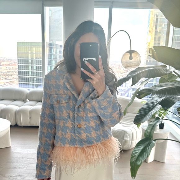 White Tea Jackets & Blazers - Tweed Feather trimmed Women's Jacket